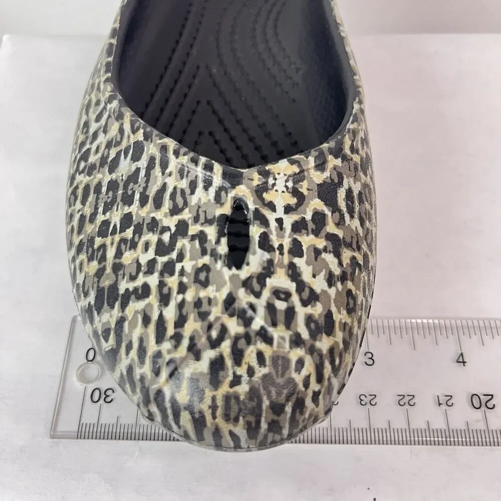 Crocs Women Leopard Print Slip On Flats Coastal Grandma Shoes Size W5 Black Gray
